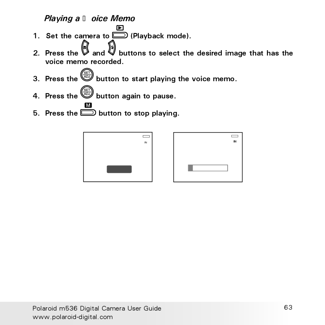 Polaroid m536 manual Playing a Voice Memo 