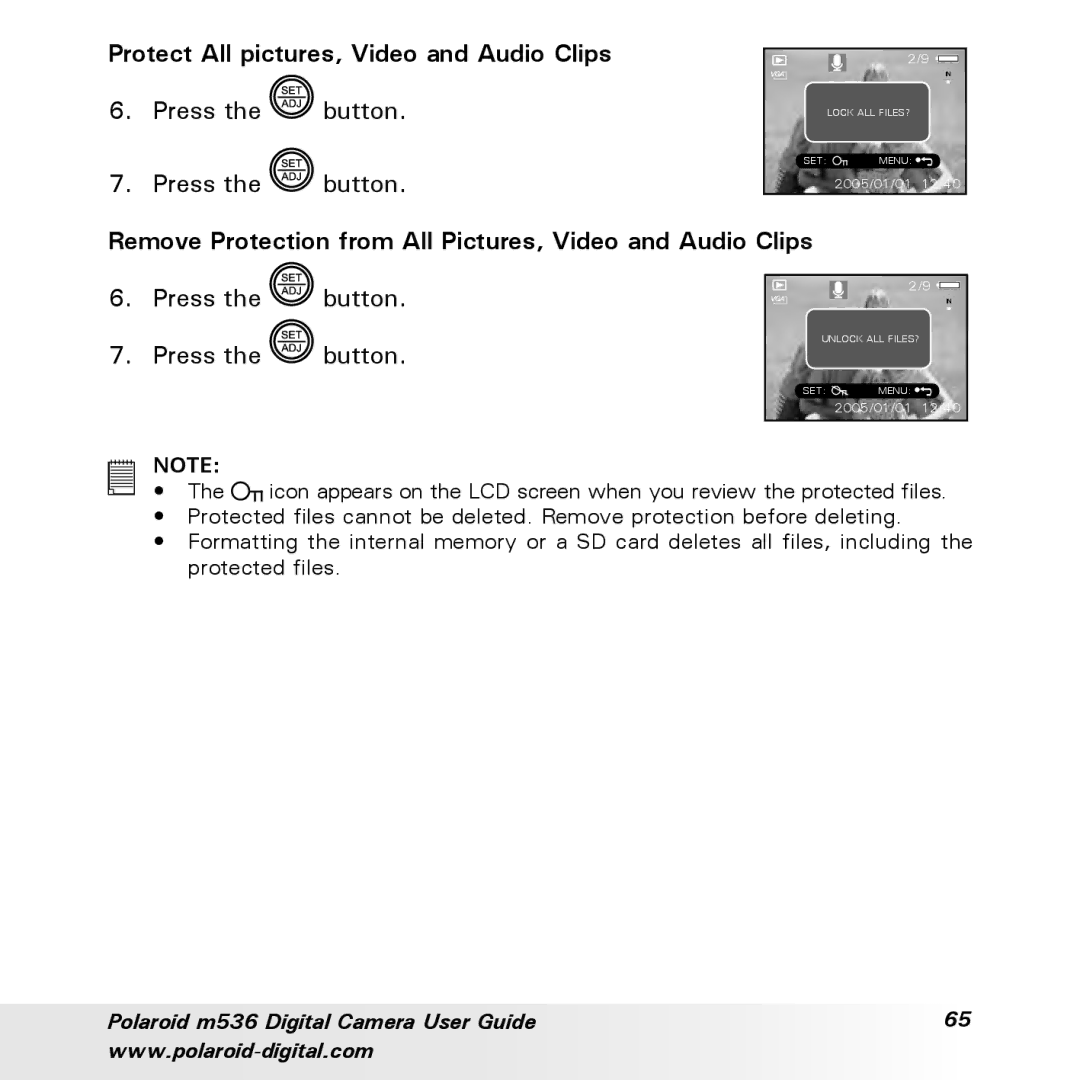 Polaroid m536 Protect All pictures, Video and Audio Clips, Remove Protection from All Pictures, Video and Audio Clips 