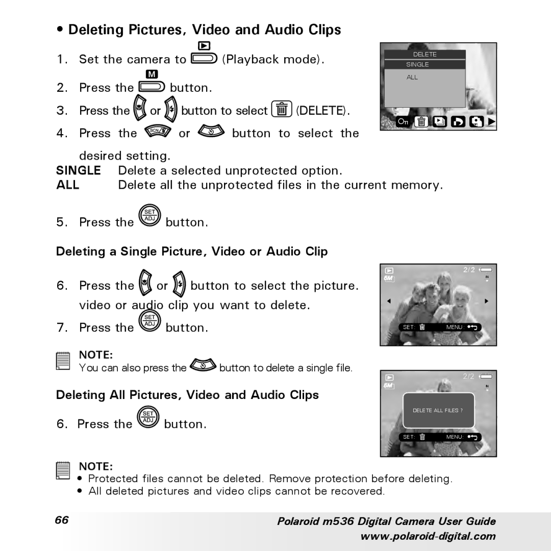 Polaroid m536 manual Deleting Pictures, Video and Audio Clips, Delete, Deleting a Single Picture, Video or Audio Clip 