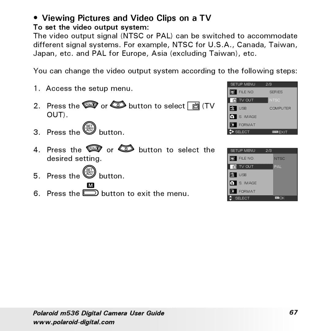 Polaroid m536 manual Viewing Pictures and Video Clips on a TV, To set the video output system 