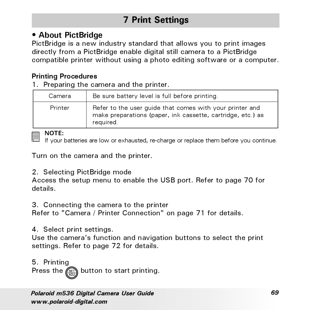 Polaroid m536 manual Print Settings, About PictBridge, Printing Procedures 