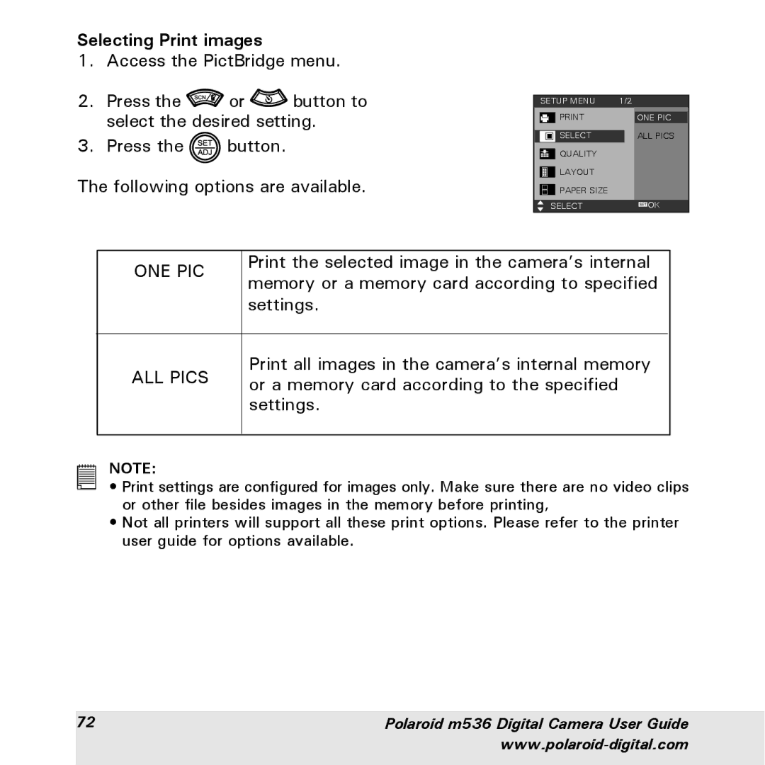 Polaroid m536 manual Selecting Print images, One Pic, ALL Pics 