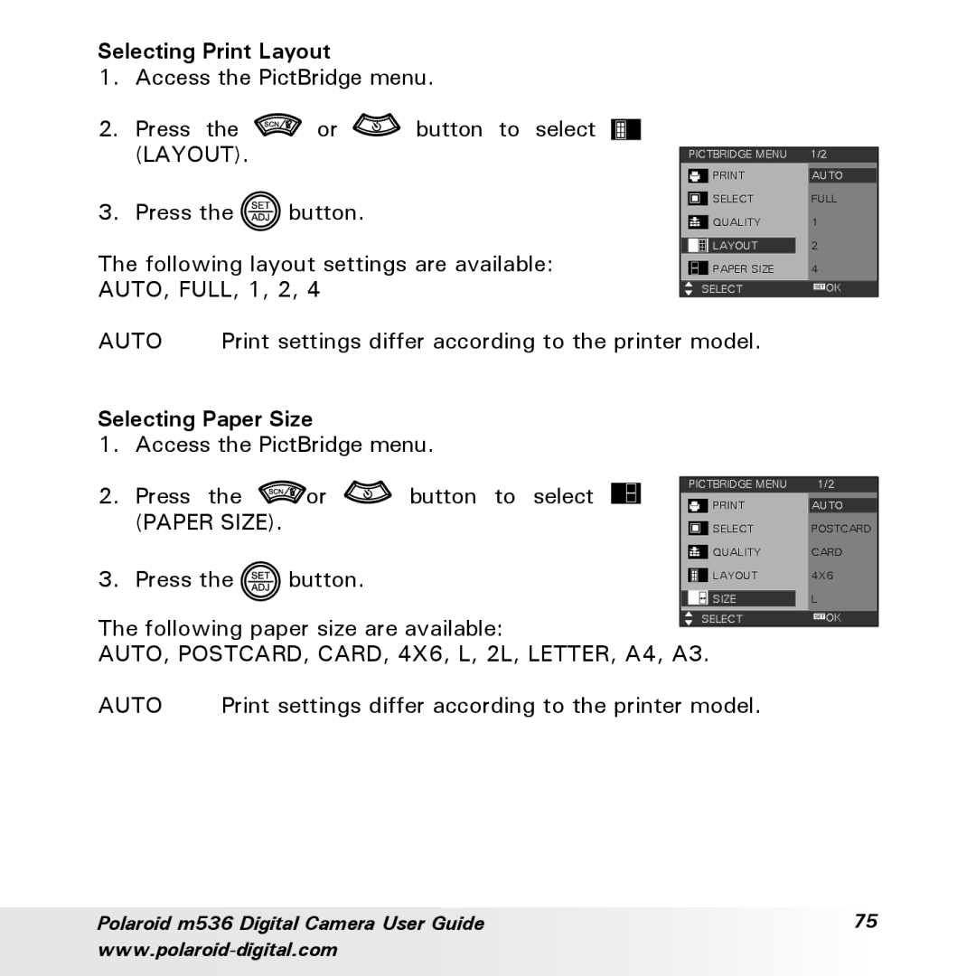 Polaroid m536 manual Selecting Print Layout, Selecting Paper Size, AUTO, POSTCARD, CARD, 4X6, L, 2L, LETTER, A4, A3 Auto 