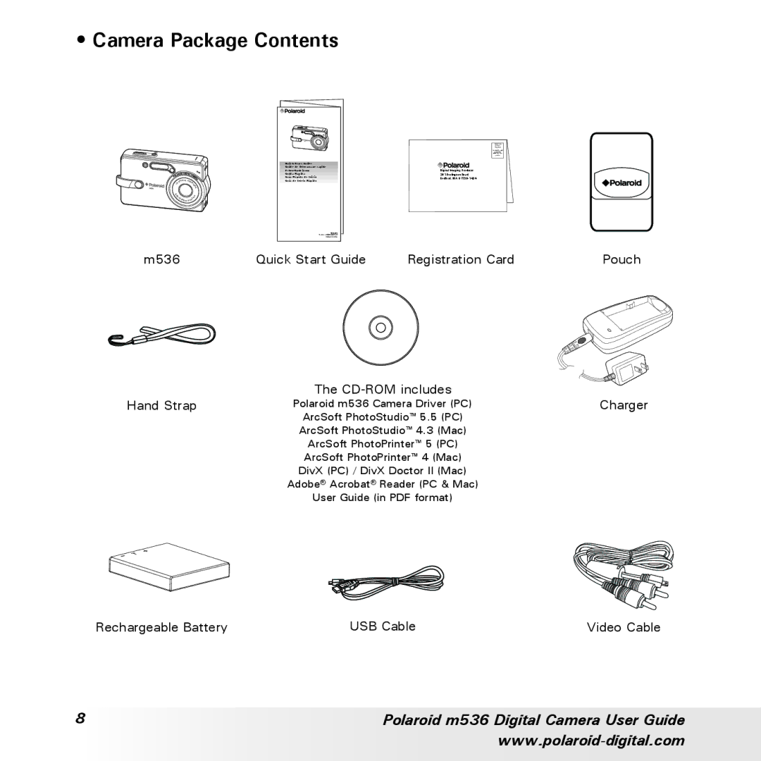 Polaroid m536 manual Camera Package Contents 