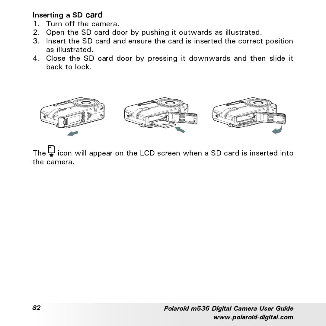 Polaroid m536 manual Inserting a SD card 