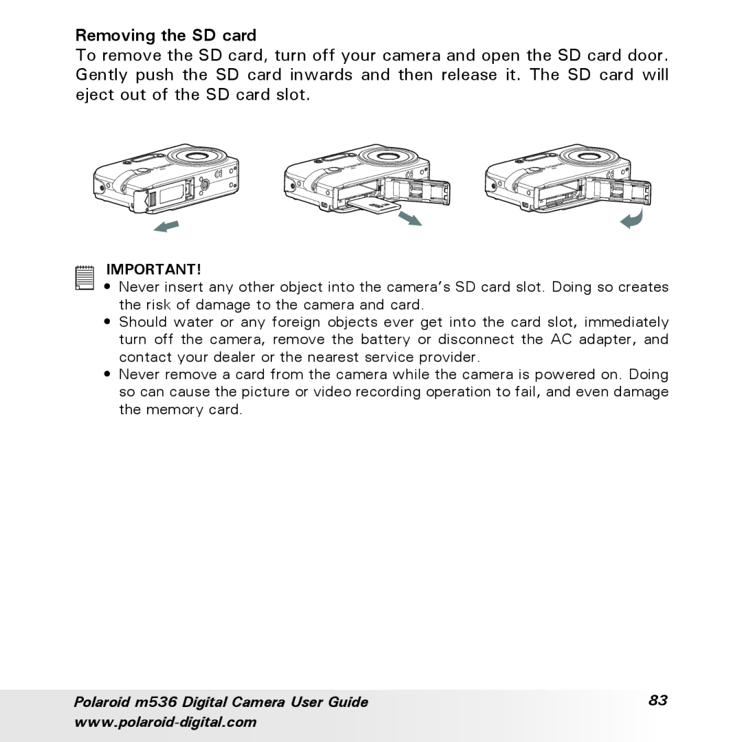 Polaroid m536 manual Removing the SD card 