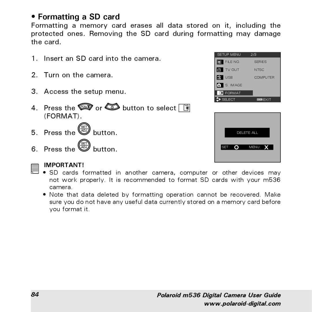 Polaroid m536 manual Formatting a SD card 