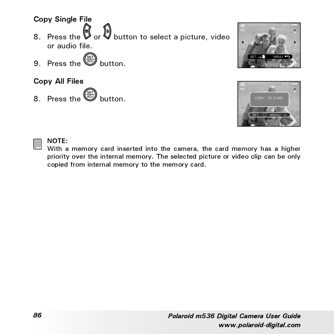 Polaroid m536 manual Copy Single File, Copy All Files 