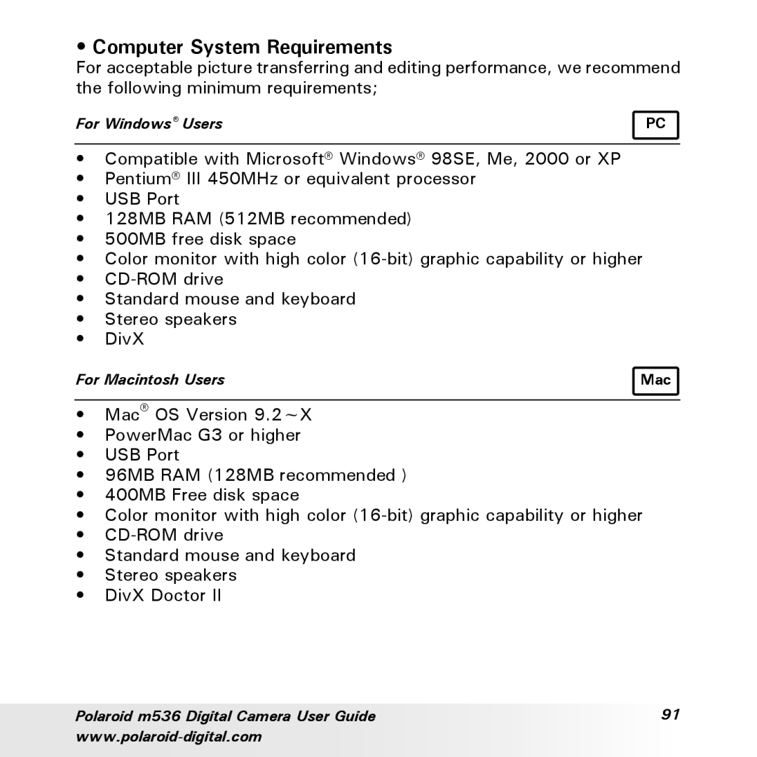 Polaroid m536 manual Computer System Requirements 