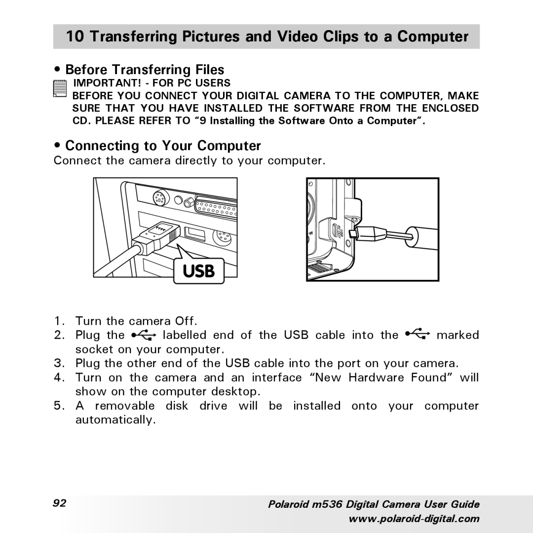 Polaroid m536 Transferring Pictures and Video Clips to a Computer, Before Transferring Files, Connecting to Your Computer 