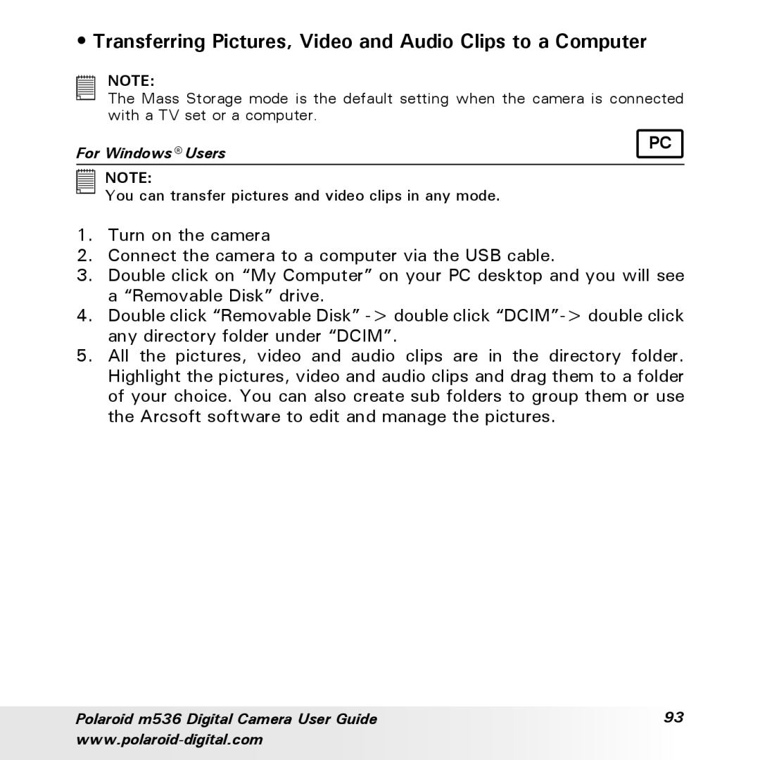 Polaroid m536 manual Transferring Pictures, Video and Audio Clips to a Computer 