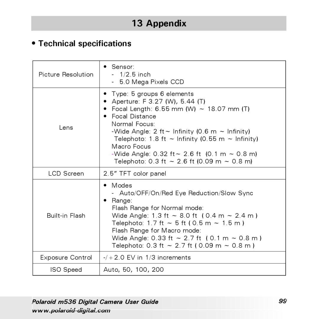 Polaroid m536 manual Appendix, Technical specifications 