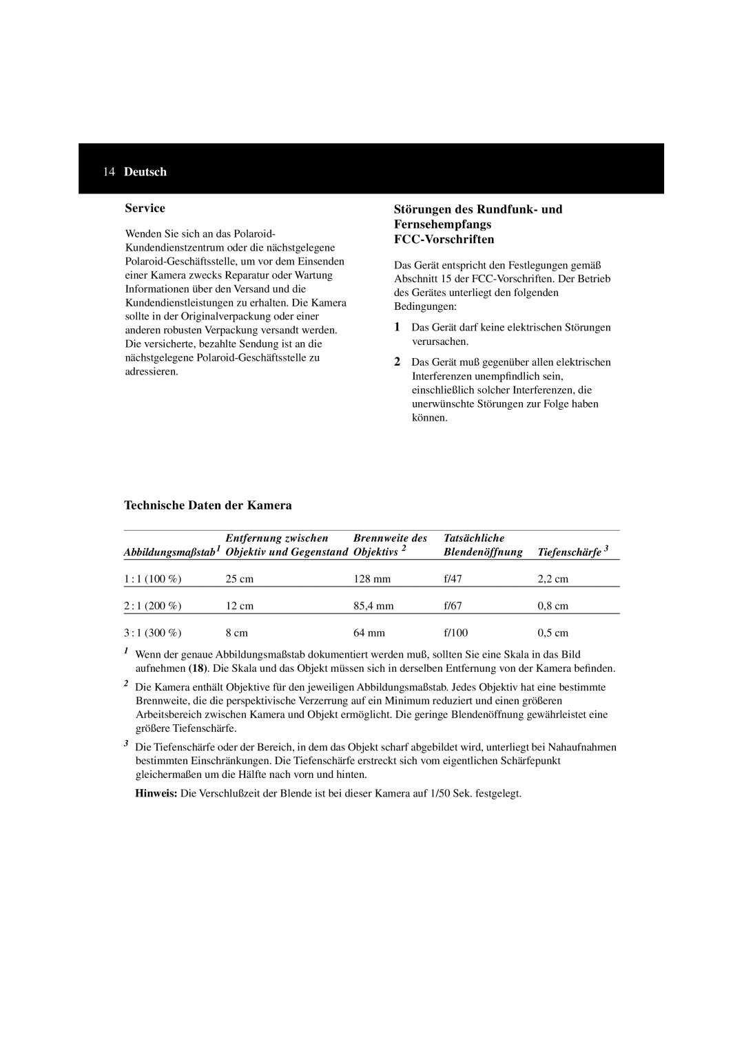 Polaroid Macro 3 SLR manual Störungen des Rundfunk- und Fernsehempfangs FCC-Vorschriften, Technische Daten der Kamera 