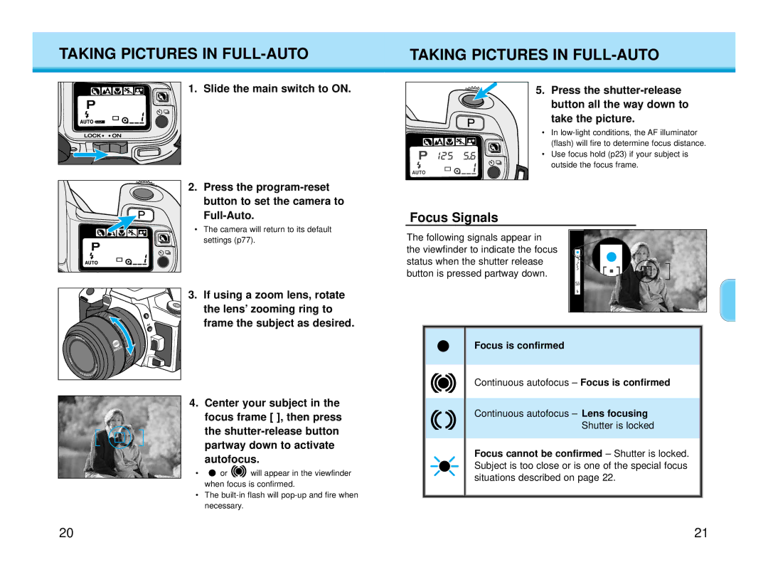 Polaroid MAXXUM HTsi instruction manual Taking Pictures in FULL-AUTO, Focus Signals, Focus is confirmed 