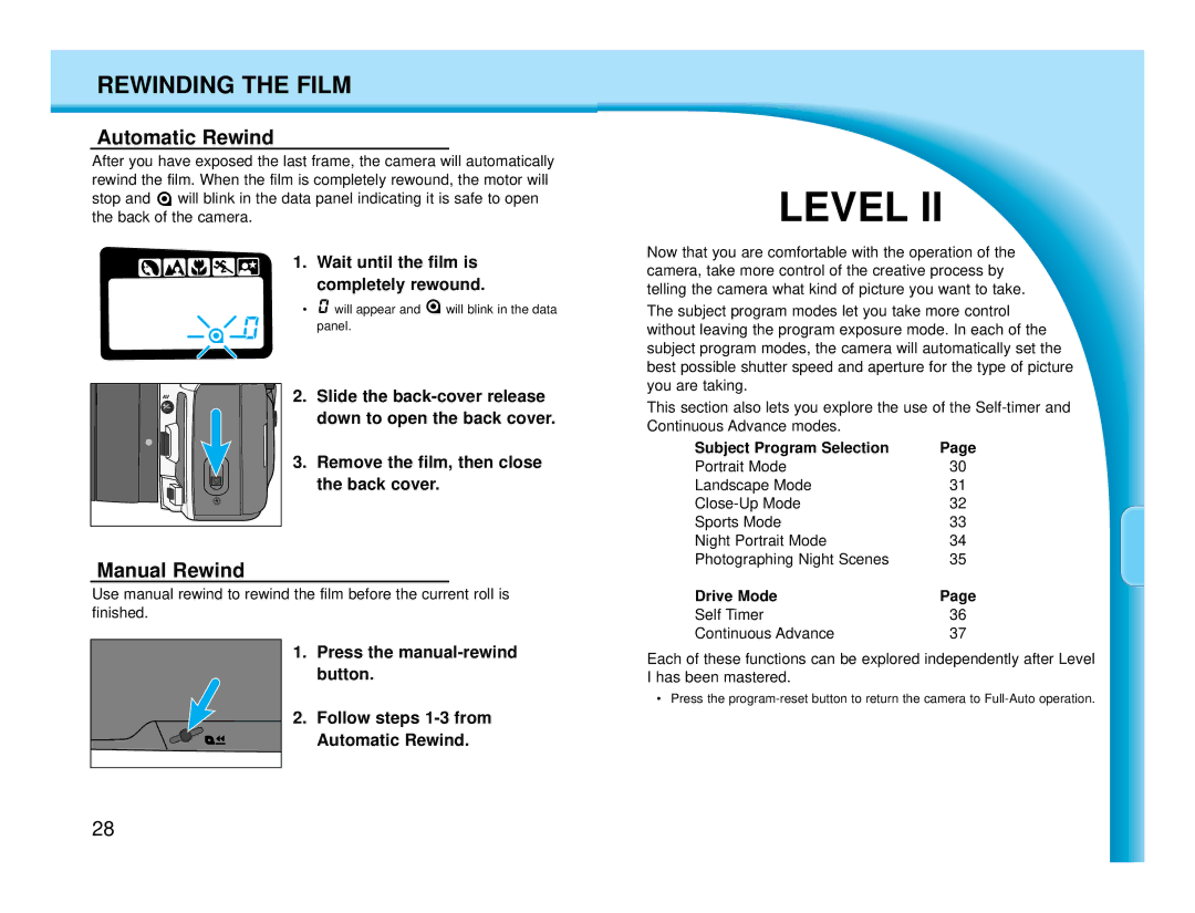 Polaroid MAXXUM HTsi Rewinding the Film, Automatic Rewind, Manual Rewind, Wait until the film is completely rewound 