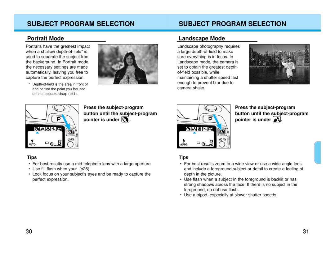 Polaroid MAXXUM HTsi instruction manual Subject Program Selection, Portrait Mode, Landscape Mode, Tips 