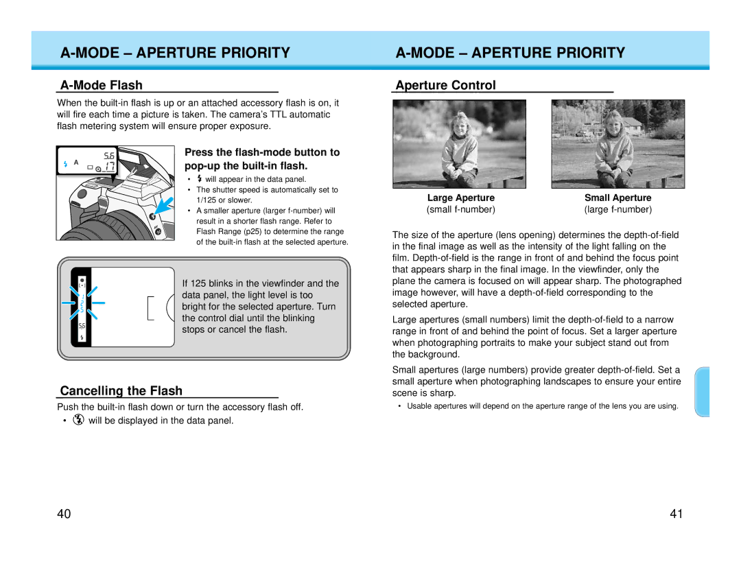 Polaroid MAXXUM HTsi instruction manual Mode Flash, Cancelling the Flash, Aperture Control, Large Aperture Small Aperture 