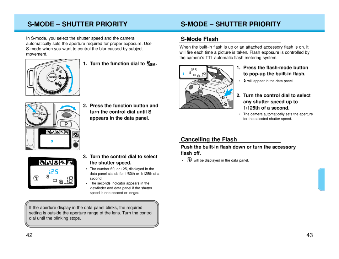 Polaroid MAXXUM HTsi instruction manual Mode Shutter Priority, Push the built-in flash down or turn the accessory flash off 