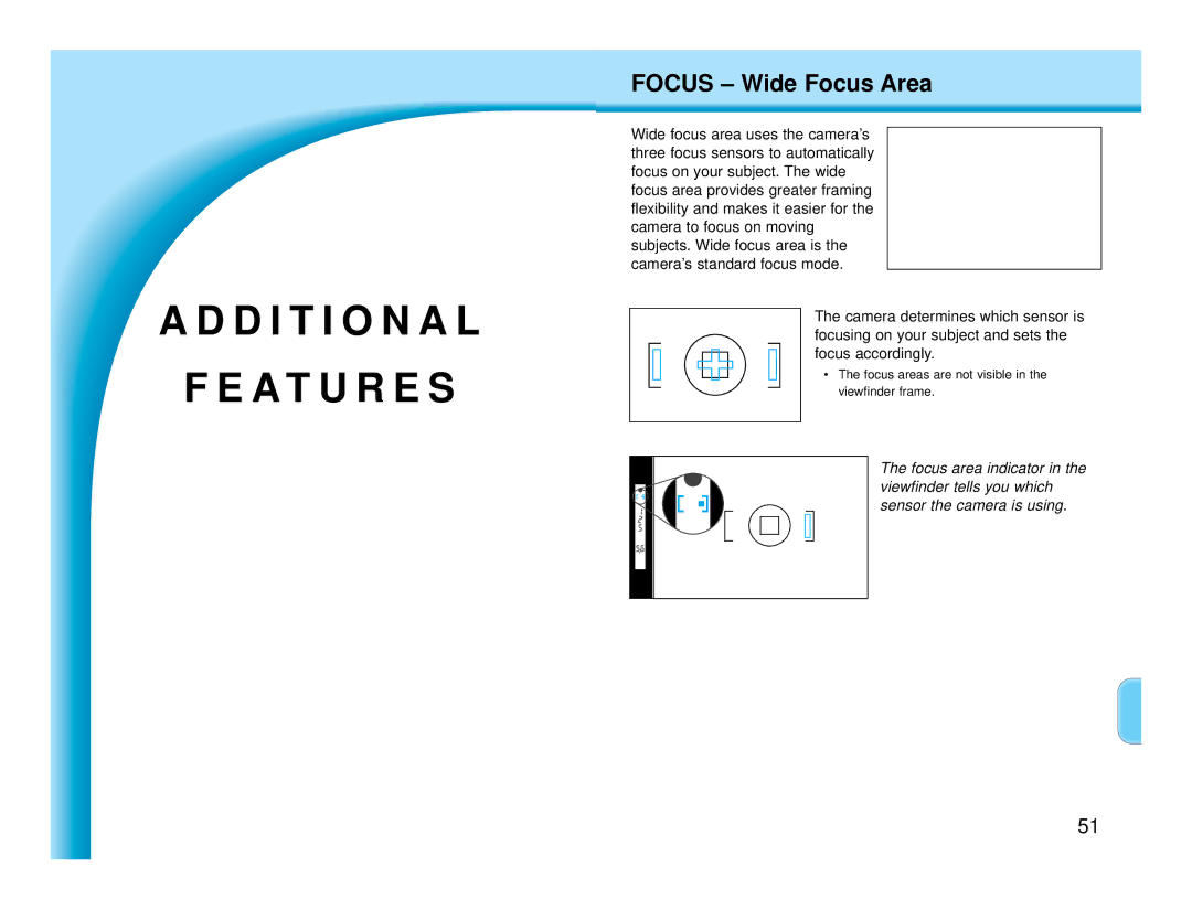 Polaroid MAXXUM HTsi instruction manual D I T I O N a L A T U R E S, Focus Wide Focus Area 