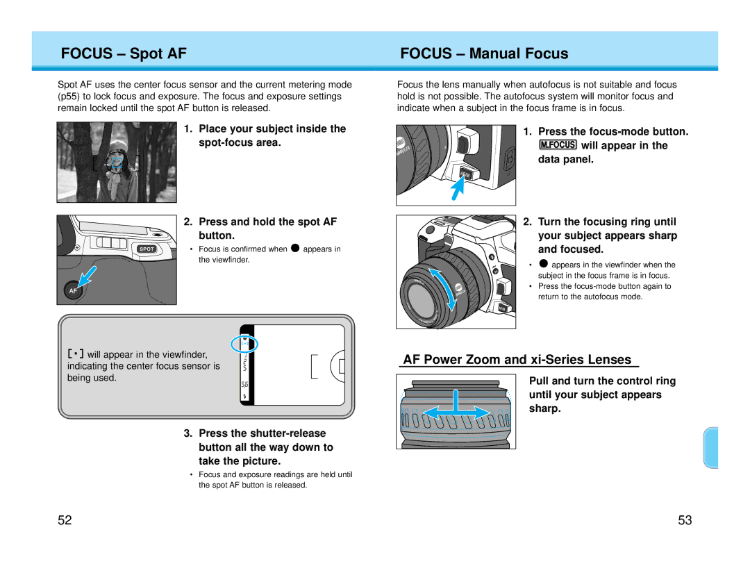 Polaroid MAXXUM HTsi instruction manual Focus Spot AF, Focus Manual Focus, AF Power Zoom and xi-Series Lenses 