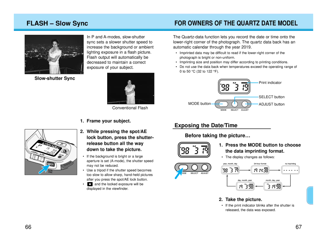 Polaroid MAXXUM HTsi instruction manual Flash Slow Sync, Exposing the Date/Time, Slow-shutter Sync 