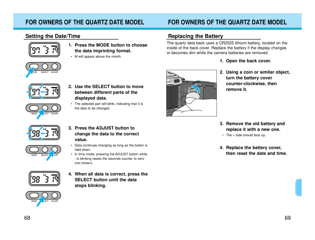 Polaroid MAXXUM HTsi instruction manual For Owners of the Quartz Date Model, Setting the Date/Time, Replacing the Battery 