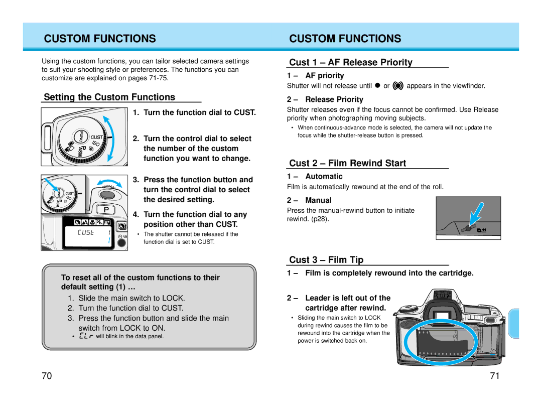 Polaroid MAXXUM HTsi Setting the Custom Functions, Cust 1 AF Release Priority, Cust 2 Film Rewind Start 