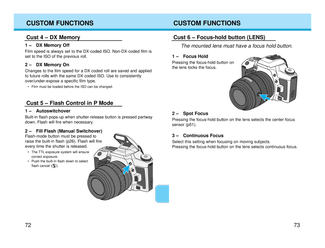 Polaroid MAXXUM HTsi instruction manual Cust 4 DX Memory, Cust 5 Flash Control in P Mode, Cust 6 Focus-hold button Lens 