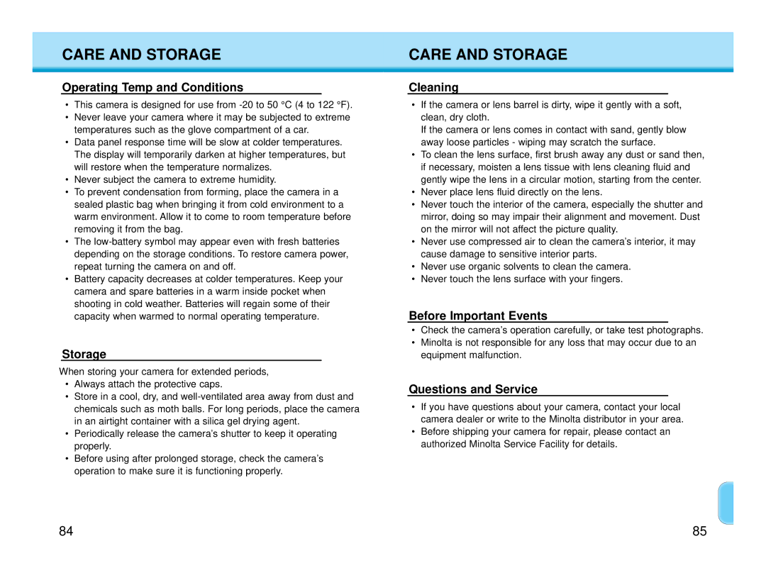 Polaroid MAXXUM HTsi instruction manual Care and Storage, Operating Temp and Conditions 