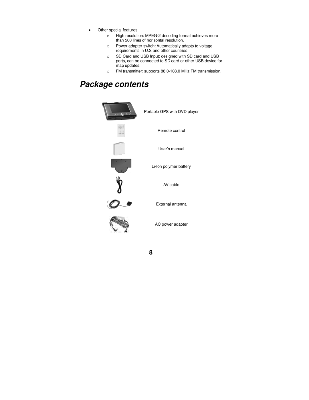 Polaroid MGX-0550 operation manual Package contents 