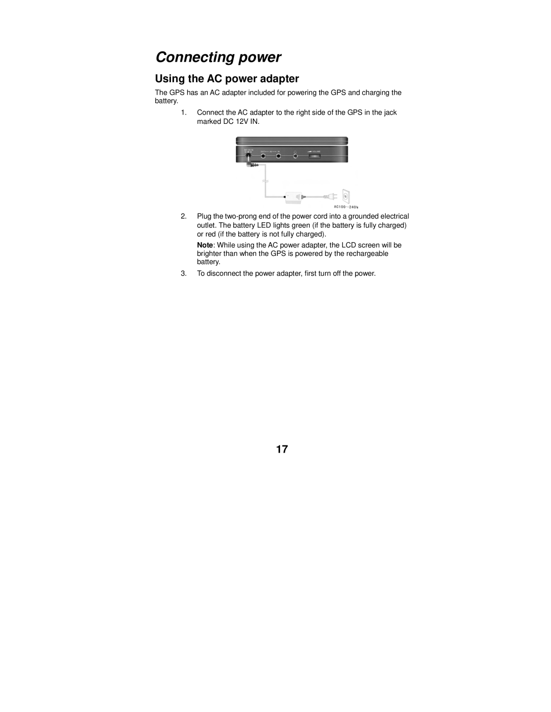 Polaroid MGX-0550 operation manual Connecting power, Using the AC power adapter 