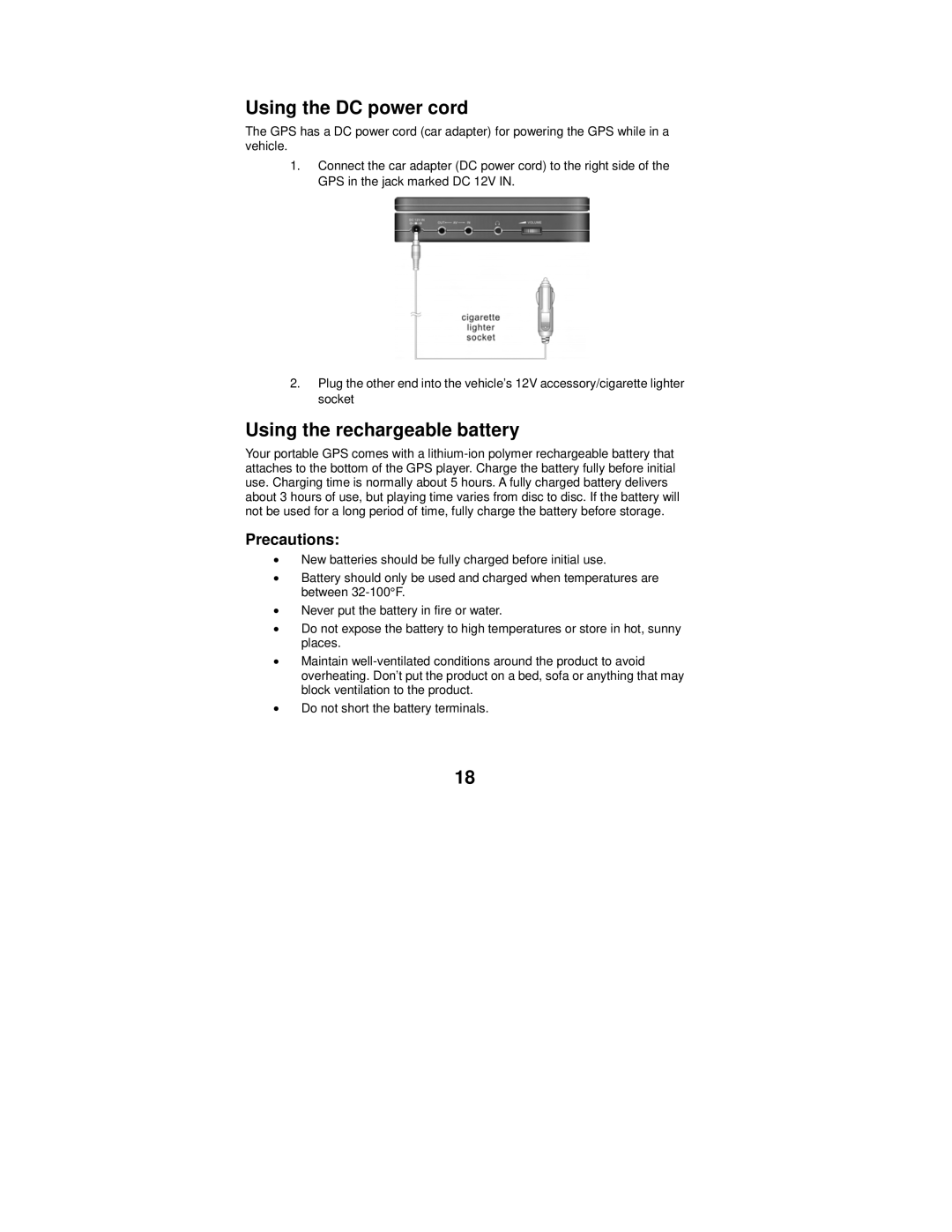 Polaroid MGX-0550 operation manual Using the DC power cord, Using the rechargeable battery, Precautions 