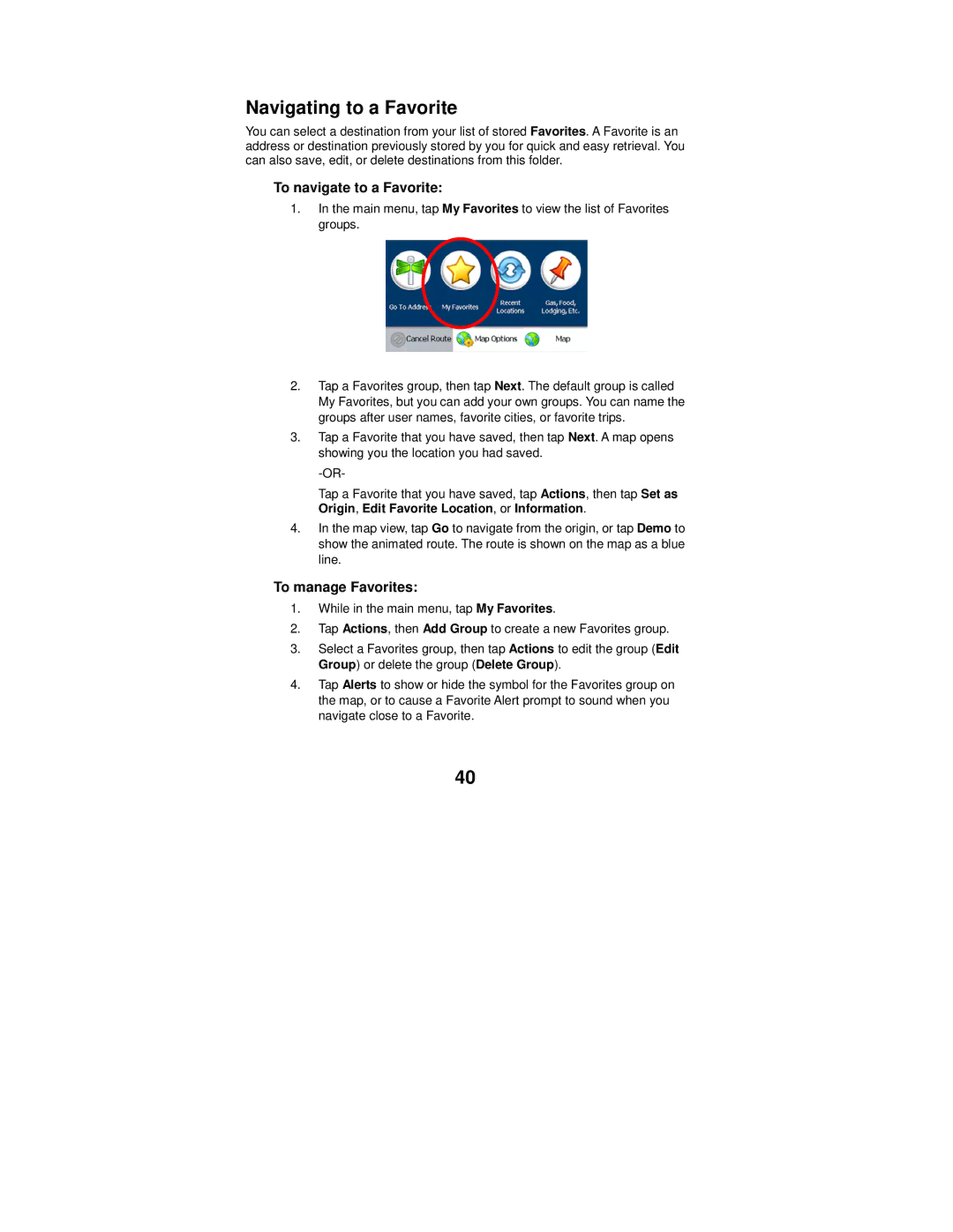 Polaroid MGX-0550 operation manual Navigating to a Favorite, To navigate to a Favorite, To manage Favorites 