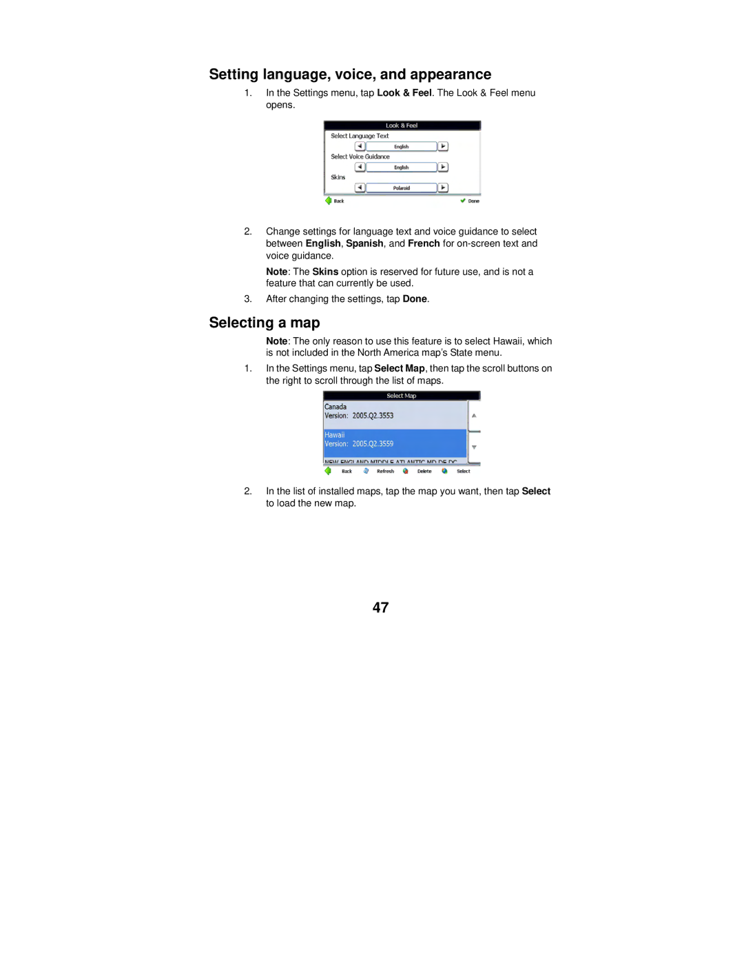 Polaroid MGX-0550 operation manual Setting language, voice, and appearance, Selecting a map 