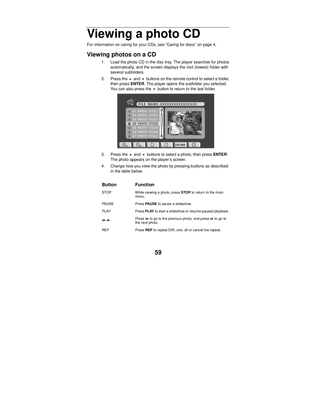 Polaroid MGX-0550 operation manual Viewing a photo CD, Viewing photos on a CD, Button Function 