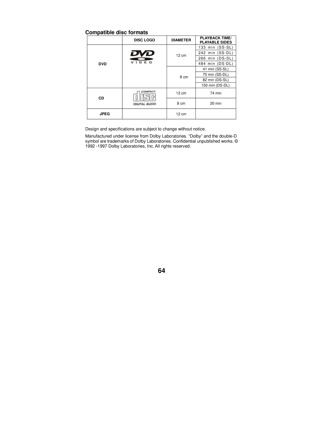 Polaroid MGX-0550 operation manual Compatible disc formats 