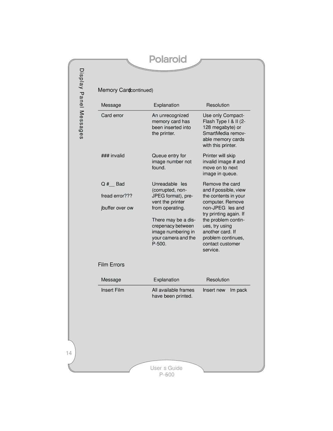 Polaroid P-500 manual Memory Card, Film Errors 