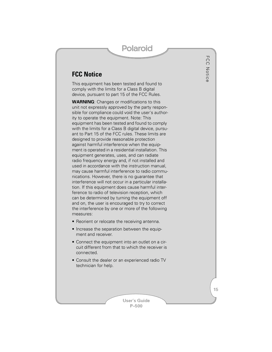 Polaroid P-500 manual FCC Notice 