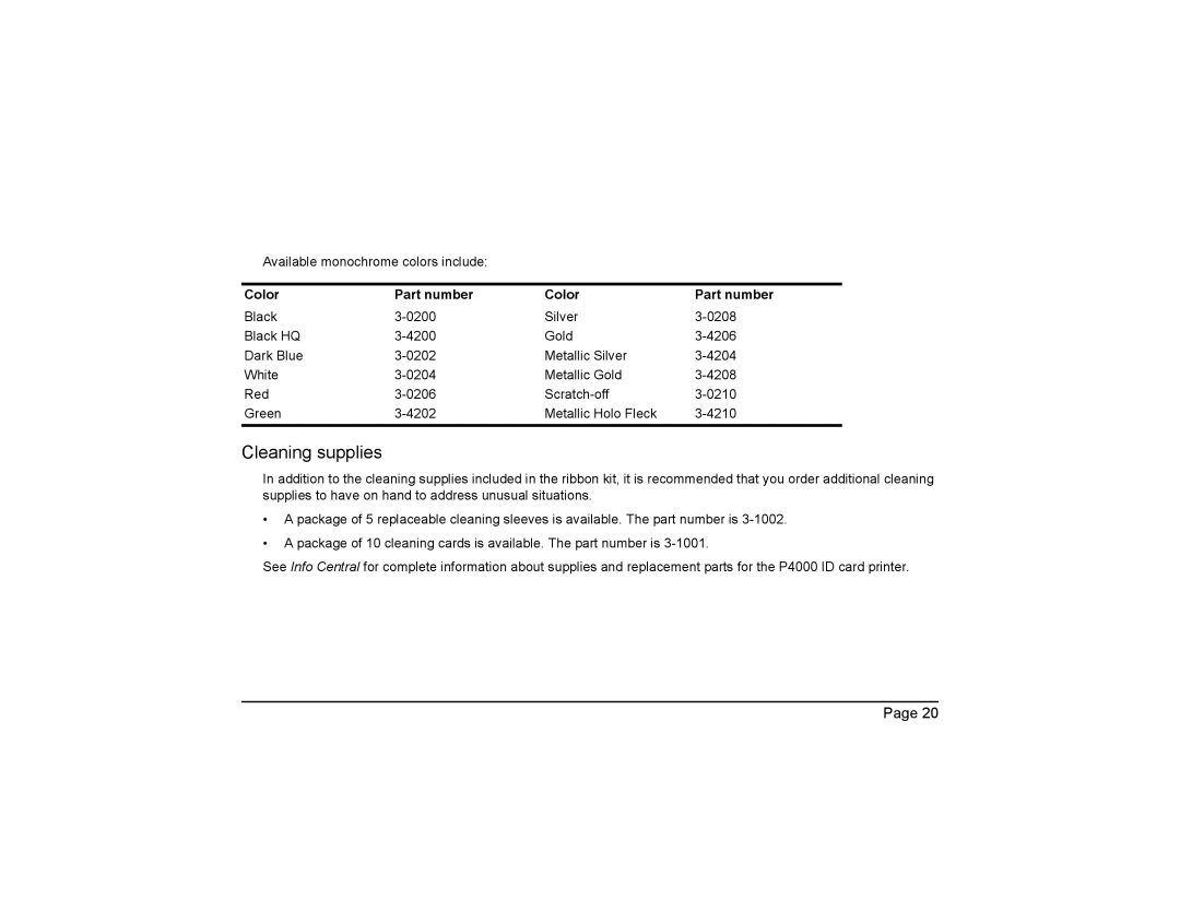 Polaroid P4000 manual Cleaning supplies, Color Part number 