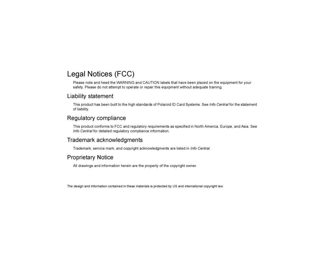 Polaroid P4000 manual Legal Notices FCC, Liability statement 