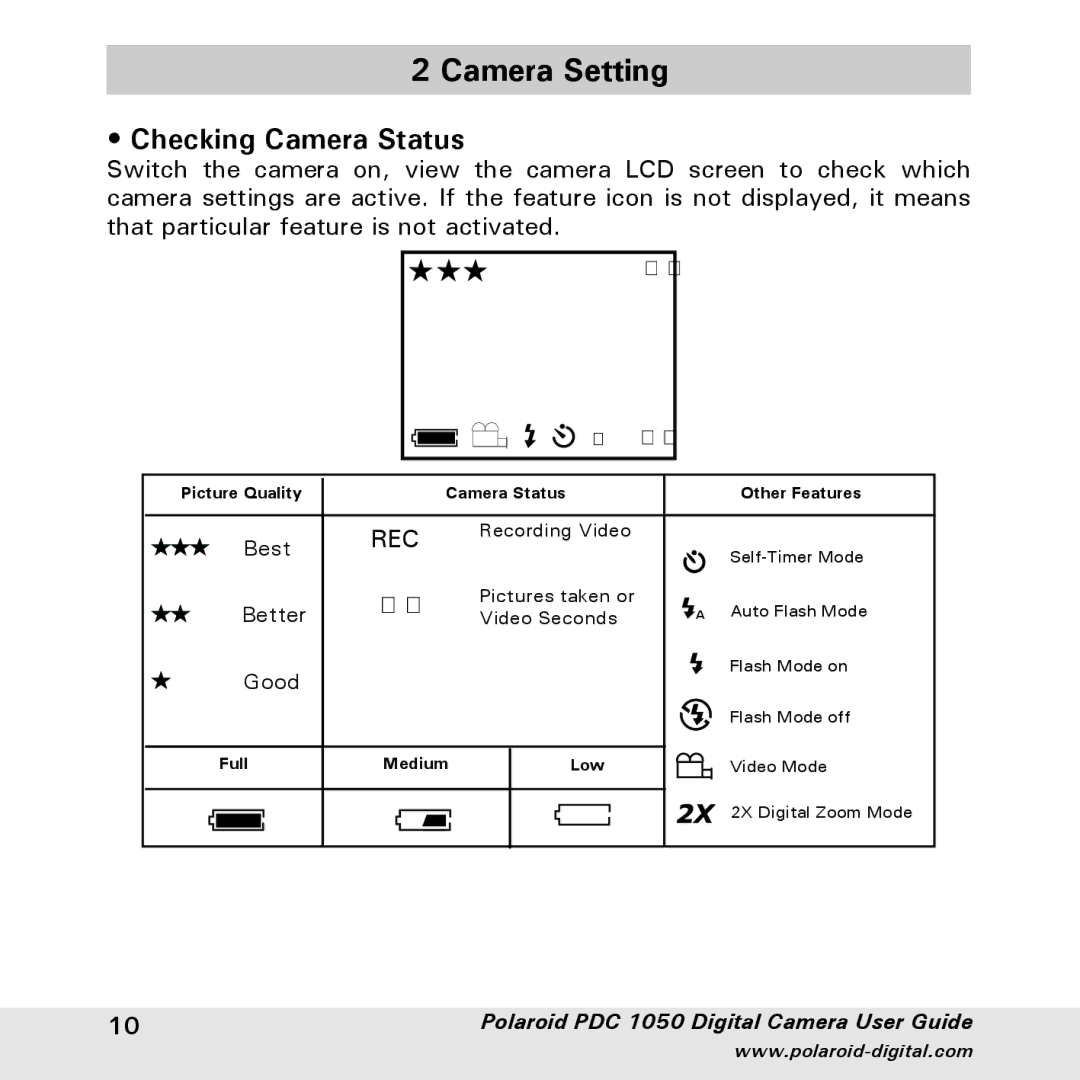 Polaroid PDC 1050 manual Camera Setting, Checking Camera Status 