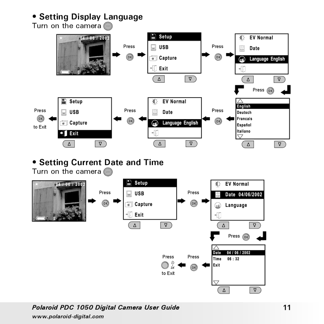 Polaroid PDC 1050 manual Setting Display Language, Setting Current Date and Time 