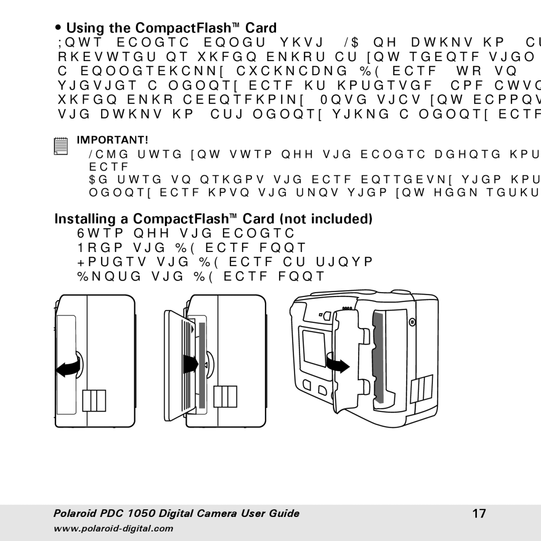 Polaroid PDC 1050 manual Using the CompactFlash Card, Installing a CompactFlash Card not included 