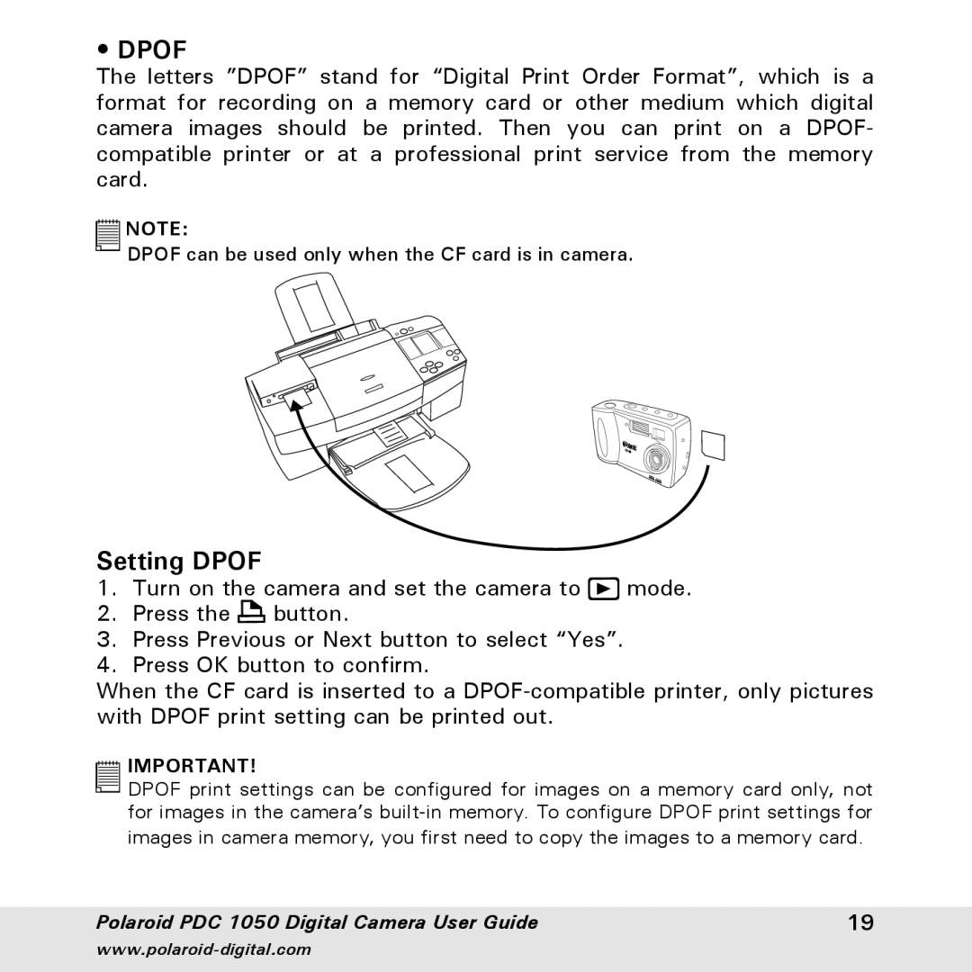 Polaroid PDC 1050 manual Setting Dpof 