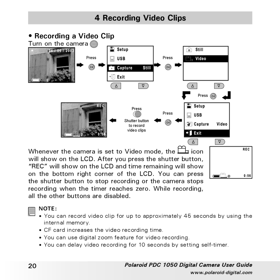 Polaroid PDC 1050 manual Recording Video Clips, Recording a Video Clip 