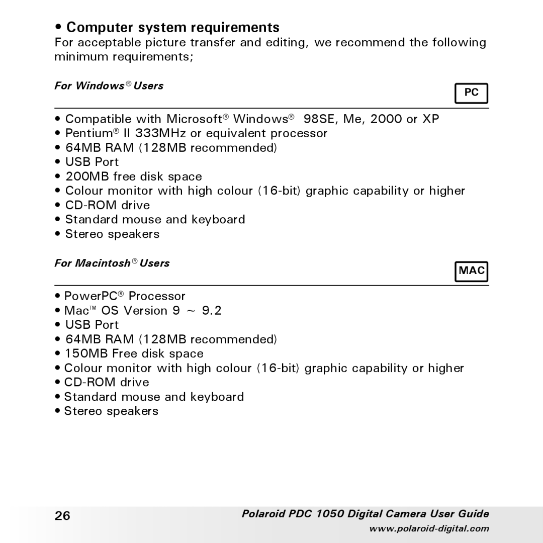 Polaroid PDC 1050 manual Computer system requirements 