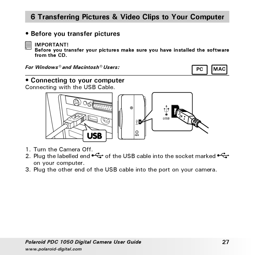 Polaroid PDC 1050 manual Transferring Pictures & Video Clips to Your Computer, Before you transfer pictures 