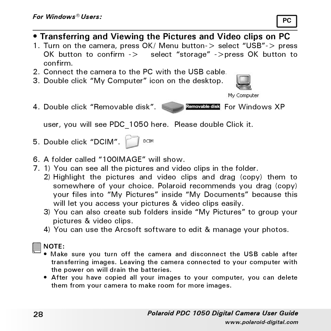 Polaroid PDC 1050 manual Transferring and Viewing the Pictures and Video clips on PC 