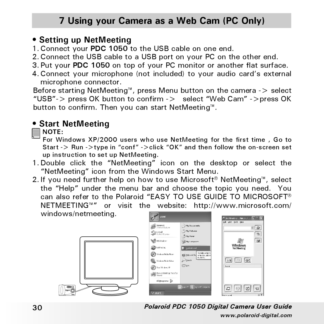 Polaroid PDC 1050 manual Using your Camera as a Web Cam PC Only, Setting up NetMeeting, Start NetMeeting 