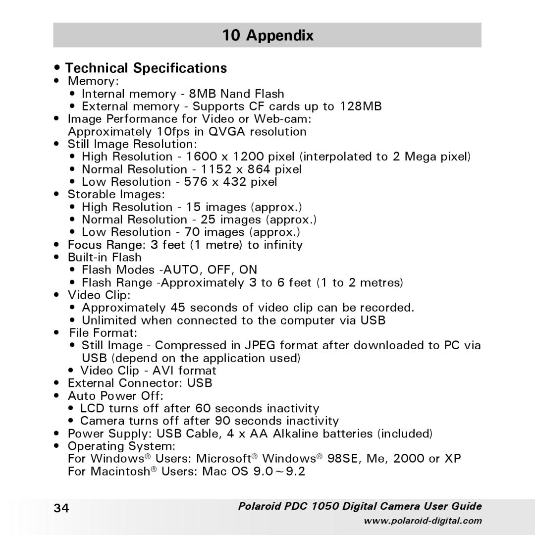 Polaroid PDC 1050 manual Appendix, Technical Specifications 